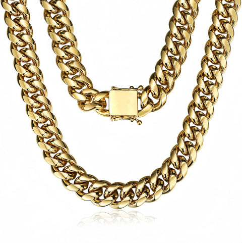 Mens 15Mm Miami Cuban Link Chain 18K Gold Stainless Steel Curb Necklace for Men & Women, Hip Hop Jewelry, Available in 18"-30", Cuban Gold Chains, Includes Gift Box