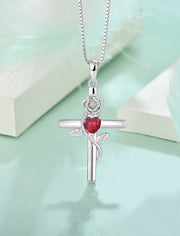 Cross Pendant Necklace Sterling Silver Infinite Rose Flower Necklace Women Faith Jewelry Gift with July Birthstone Created Ruby