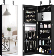 Jewelry Armoire Wall Door Mounted, Lockable Jewelry Cabinet with 47.2''H X 16''W Full Screen Mirror, Large Storage Jewelry Organizer Jewelry Box with Full Length Mirror (Black)