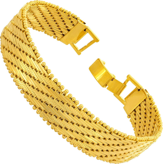 Vintage Flat Basket Weave Bracelet 24K Real Gold Plated for Women and Men (7Mm & 13Mm)