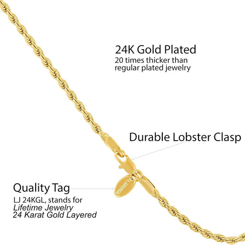 3Mm Rope Chain Bracelet 24K Real Gold Plated for Women and Men 7" 8" and 9"