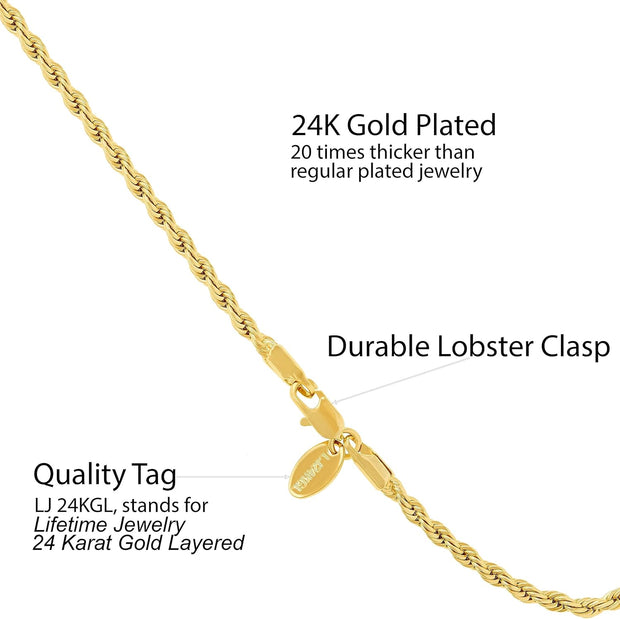 3Mm Rope Chain Bracelet 24K Real Gold Plated for Women and Men 7" 8" and 9"