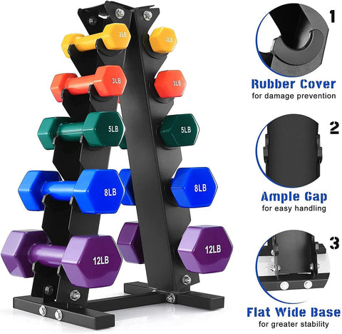 2Lb 3Lb 5Lb 8Lb 12Lb Pair Neoprene/Vinyl Coated Hand Weights Dumbbells Set with Rack Stand, Dumbellsweights Set for Women and Men, Neoprene Dumbbells Weight Sets for Home Gym