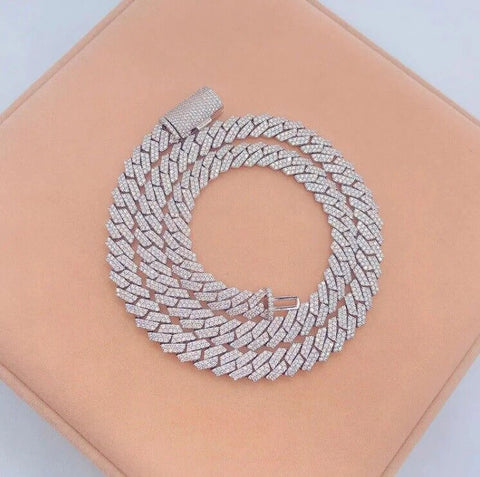 8 MM round Cut Moissanite Men Cuban Link Chain Bracelet 14K White Gold Plated