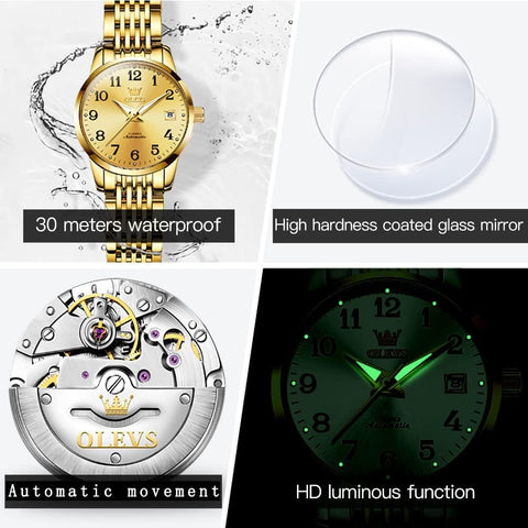 Womens Automatic Watch, Premium Small Face Diamond Accented Self Winding Watches for Women, Fashion Waterproof Ladies Dress Watch