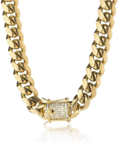 14K REAL Gold Plated Miami Cuban Link Chain 316L Stainless Steel Necklace or Bracelet with Iced Out Diamond Clasp for Men Women(Custom Box and Pouch Packing, Christmas Gift)