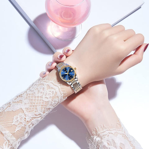 Womens Automatic Watch, Premium Small Face Diamond Accented Self Winding Watches for Women, Fashion Waterproof Ladies Dress Watch (Blue)