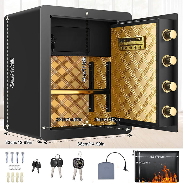 2.12 Cub Safe Box Fireproof Waterproof, Security Home Safe with Fireproof Document Bag, Large Fireproof Safe Box for Home with Inner Cabinet and LCD Display, Safe Box for Money Jewelry Documents