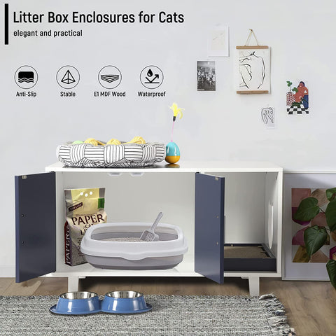 Cat Litter Box Enclosure Hidden Cat Washroom Furniture Bench with Cat Scratch Pad, Wooden Decorative Cat House End Table Nightstand, Hide Odor& Pet Poop,White Blue