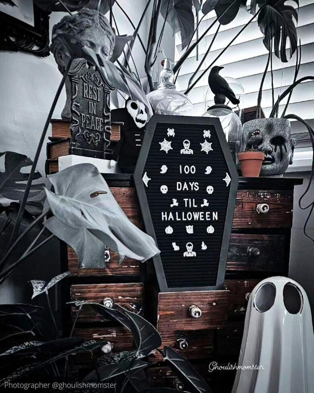 Coffin Letter Board Black with Spooky and All Seasons Emojis +500 Characters, and Wooden Stand - 17X10.5 Inches - Halloween Decorations Gothic Decor Spooky Gifts