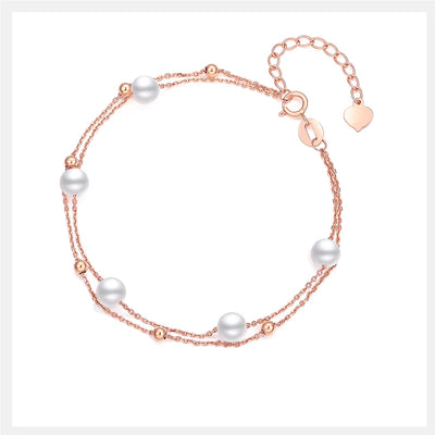 Two Strands Real 18K Rose Gold Bracelet for Women,Au750 Real Pearl Charm Bracelet Wedding Gift