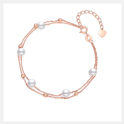 Two Strands Real 18K Rose Gold Bracelet for Women,Au750 Real Pearl Charm Bracelet Wedding Gift