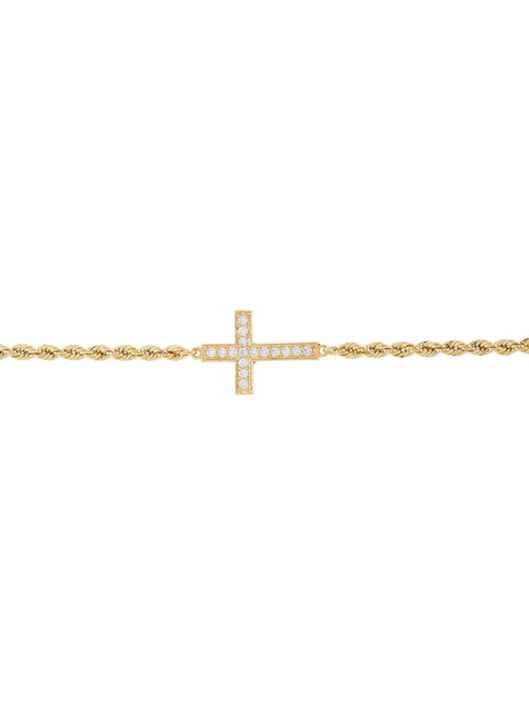 Cubic Zirconia Cross Rope Bracelet in 10K Yellow Gold, 7.5"