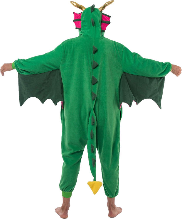 Adult Dragon Pajama, Plush Halloween Dragon Jumpsuit Costume with Pink Wing for Halloween Parties