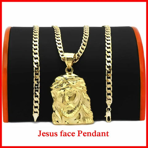 Mens 18K Gold Plated Big Jesus Face Brass Pendant 6Mm 24" or 30" Cuban Chain Necklace