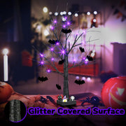 Halloween Decorations, 2FT Black Halloween Tree with 24 Purple Lights and 8 Bat Ornaments, Light up Halloween Decorations with Timer for Indoor Home Desk Table Decor Battery Powered