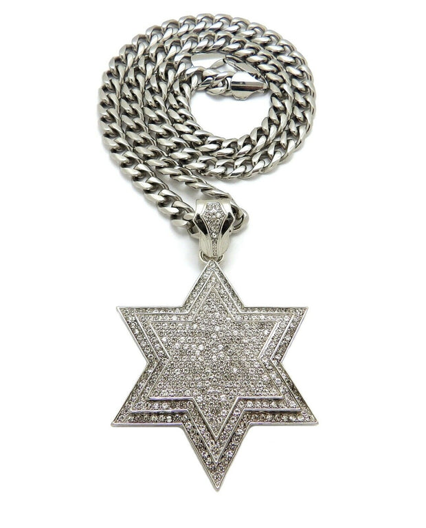 HIP HOP LARGE STAR of DAVID PENDANT 9Mm 24" 30" STAINLESS STEEL CHAIN NECKLACE