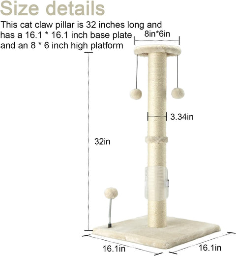 32" Tall Cat Scratching Post Sisal Rope Scratch Posts with Hanging Ball and Self-Massage Brush Vertical Scratcher for Indoor Cats and Kittens(Beige 32Inches)