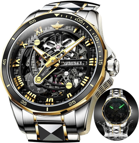 Automatic Skeleton Mens Watches Luxury Wristwatch Mechanical Self-Winding Sapphire Crystal Tungsten Steel Watches 50M Waterproof Luminous No Battery Watches