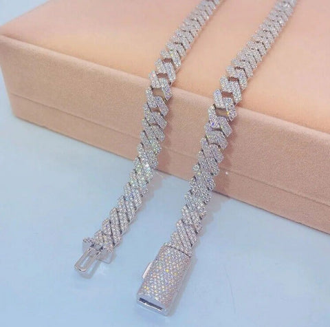 8 MM round Cut Moissanite Men Cuban Link Chain Bracelet 14K White Gold Plated