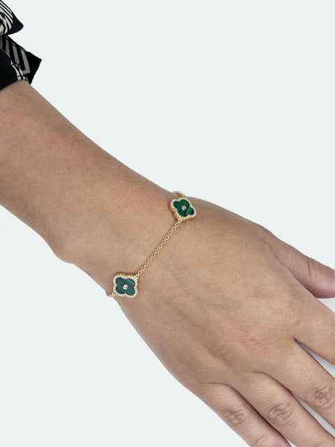 Malachite Triple Flower Bracelet in 925 Sterling Silver with Yellow Gold Plating Adjustable Lobster Claw by