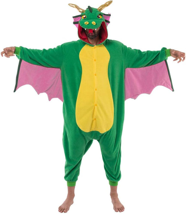 Adult Dragon Pajama, Plush Halloween Dragon Jumpsuit Costume with Pink Wing for Halloween Parties