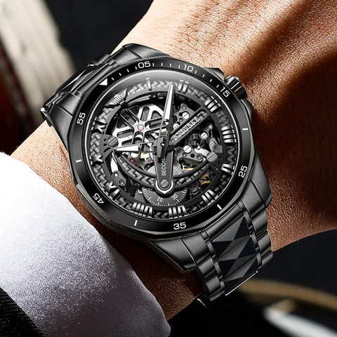 Automatic Skeleton Mens Watches Luxury Wristwatch Mechanical Self-Winding Sapphire Crystal Tungsten Steel Watches 50M Waterproof Luminous No Battery Watches