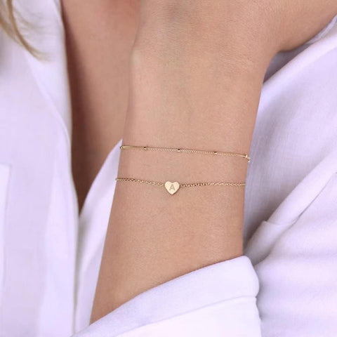 Dainty Heart Initial Bracelets for Women, 14K Gold Filled Handmade Personalized Letter Layered Heart Initial Bracelets for Women Jewelry Gifts