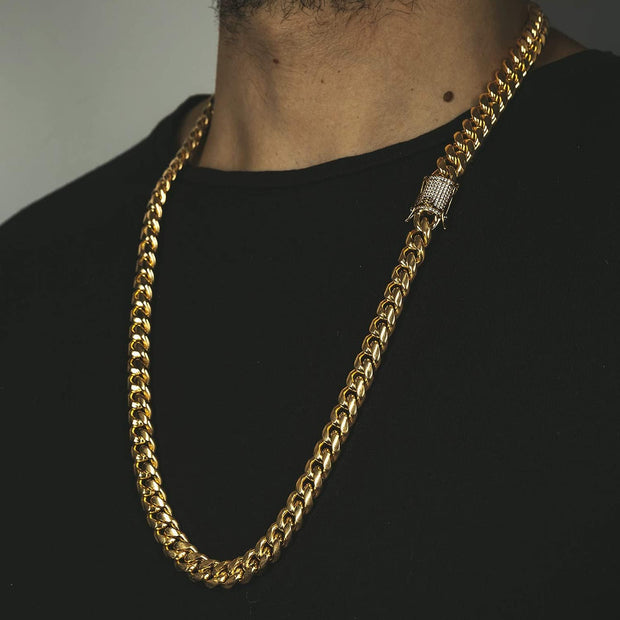 14K REAL Gold Plated Miami Cuban Link Chain 316L Stainless Steel Necklace or Bracelet with Iced Out Diamond Clasp for Men Women(Custom Box and Pouch Packing, Christmas Gift)