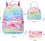 School Backpack Teens Girls Boys Kids School Bags Bookbag with Lunch Bag Pencil Pouch (Tie Dye Green Pink)