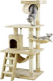 Classic Cat Tree, Faux Fur Finish, Sisal Rope Scratcher, 62"H, Beige