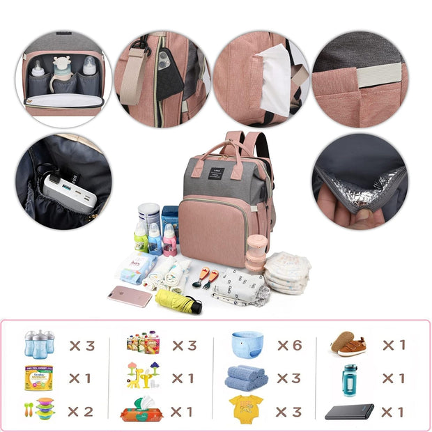 Diaper Bag with Changing Station,Diaper Bag Backpack，7 in 1 Travel Diaper Bag,Mommy Bag with USB Charging Port (Pink-Grey)