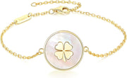 925 Sterling Silver Lucky Clover Bracelet for Women, Cute18K Gold Plated Four Leaf Clover Bracelet, Inspirational Mother of Pearl Shell with Shamrock Link Bracelet Jewelry Gift for Women Girl