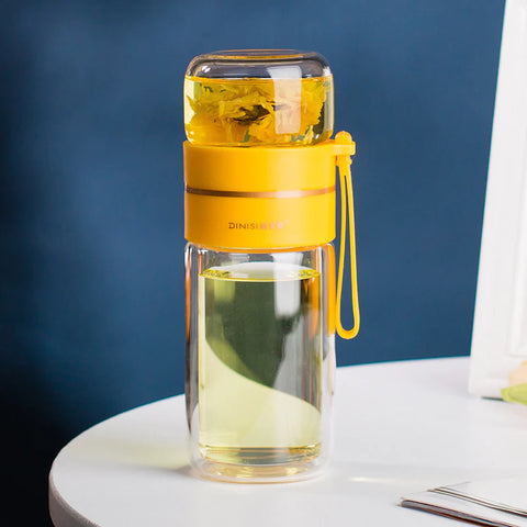 Glass Water Bottle with Tea Infuser Filter Tea Separation Double Wall Glass Bottle Leakproof Water Bottle