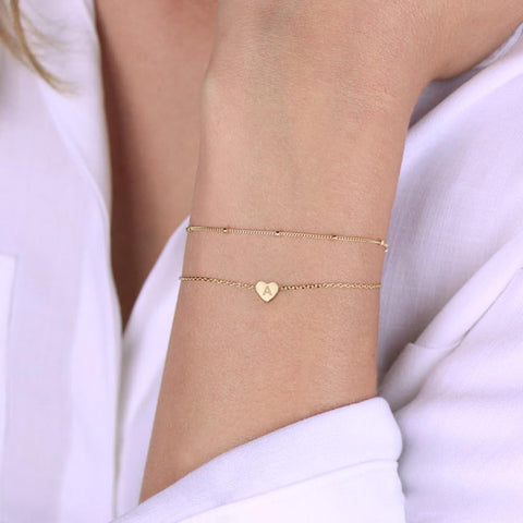 Dainty Heart Initial Bracelets for Women, 14K Gold Filled Handmade Personalized Letter Layered Heart Initial Bracelets for Women Jewelry Gifts