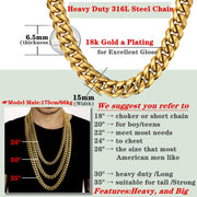 Mens 15Mm Miami Cuban Link Chain 18K Gold Stainless Steel Curb Necklace for Men & Women, Hip Hop Jewelry, Available in 18"-30", Cuban Gold Chains, Includes Gift Box