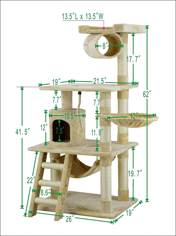 Classic Cat Tree, Faux Fur Finish, Sisal Rope Scratcher, 62"H, Beige