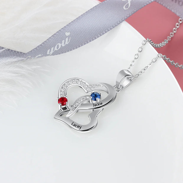 Personalized Double Heart Birthstones Pendant Necklace