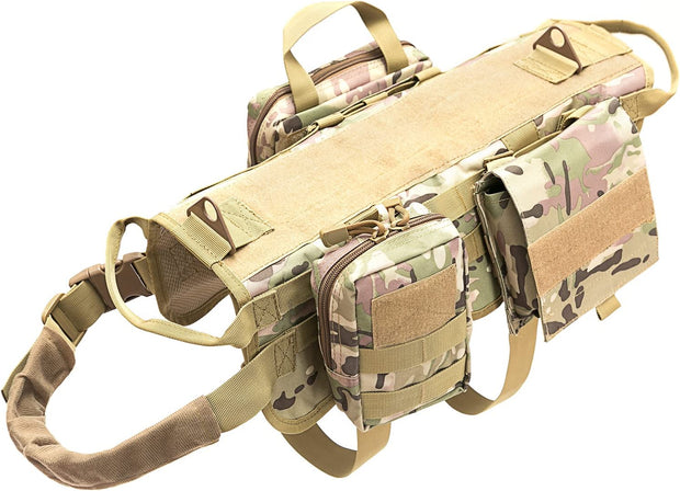 Tactical Dog Molle Vest Harness K9 Adjustable Outdoor Training Service Camouflage Harness with 3 Detachable Pouches Camouflage Size XL