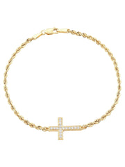 Cubic Zirconia Cross Rope Bracelet in 10K Yellow Gold, 7.5"