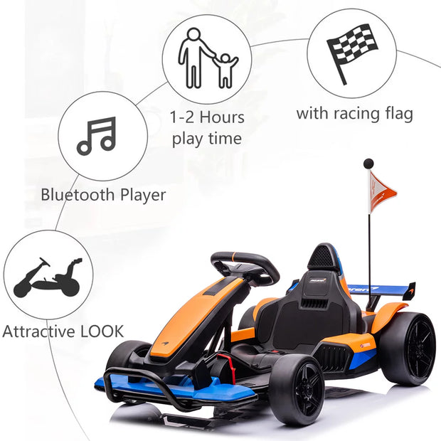 Licensed Mclaren Kids Go Kart, 24V Battery Powered Ride on Car Toy with Bluetooth Function, Safety Belt, LED Lights, Two-Mode Electric Go Cart, Drift Racer Car for Boys Girls