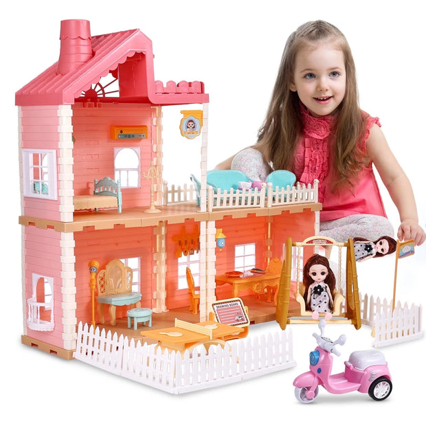 Dollhouse Girls Dreamhouse Playset, 3 Room Dollhouse with Doll Toy Figure, Furniture and Accessories, Color Lights, Steam Chimney, Play House Gift Toys for Kids Ages 3+