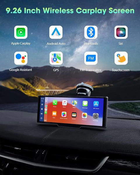 Wireless Car Stereo Apple Carplay with 1080P Rear Camera,9.26" Portable Touchscreen Car Play Screen for Car, Car Radio Receiver with Android Auto,Gps Navigation,Bluetooth,Airplay, Fm,Si