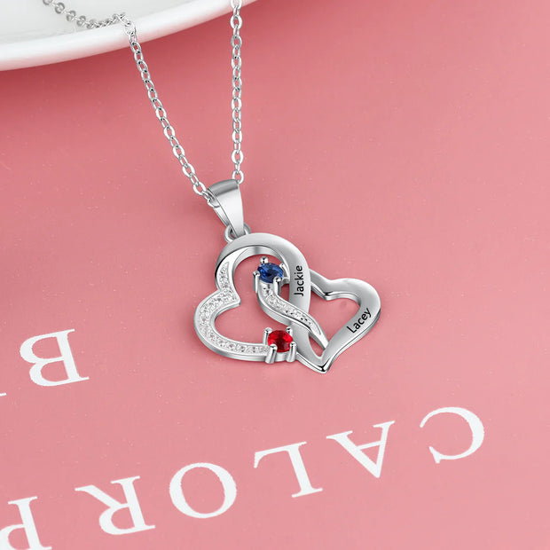 Personalized Double Heart Birthstones Pendant Necklace