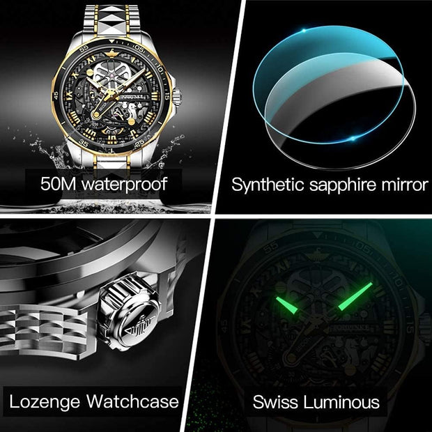 Automatic Skeleton Mens Watches Luxury Wristwatch Mechanical Self-Winding Sapphire Crystal Tungsten Steel Watches 50M Waterproof Luminous No Battery Watches