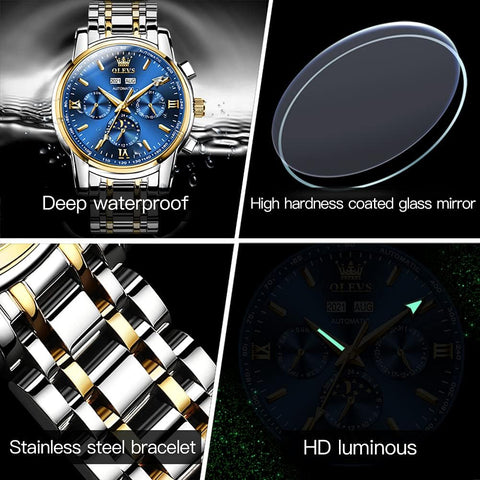 Automatic Mechanical Watches for Men Self Winding No Battery Blue Watch Stainless Steel Strap Luxury Moon Phase Luminous Waterproof Wrist Watch