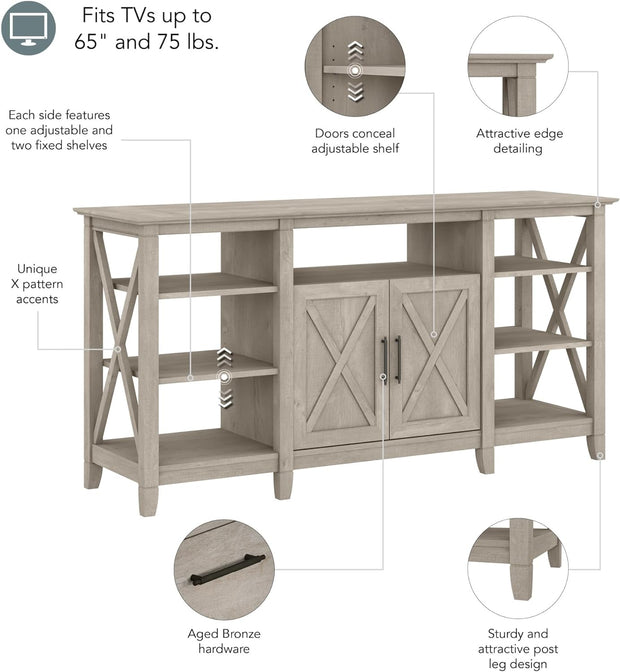 Bush Furniture Key West Tall Stand for 65 Inch TV, Farmhouse Entertainment Center with Storage, Washed Gray