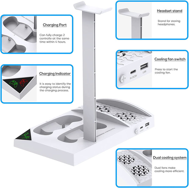 Cooling Fan Stand Compatible with Xbox Series S with 1400Mah Rechargeable Battery Pack,  Vertical Charging Station Dock Accessories with Controller Charger Port & Cooler System for XSS - White