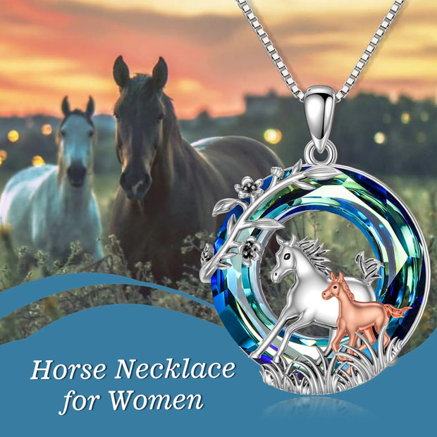 Horse Gifts for Women Sterling Silver 2 Horses Pendant Necklace with Blue Crystal Cute Horse Jewelry Gifts for Women Sister Mom Daughter Girlfriend Wife Birthday