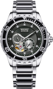 Men'S Automatic Mechanical Wrist Watches, Luxury Skeleton Watches for Men with Black Green Jade & Steel Strap